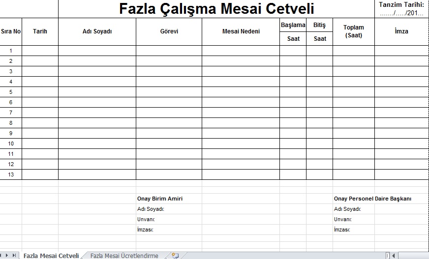 fazla mesai formu excel