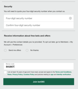 four digit security number bet365