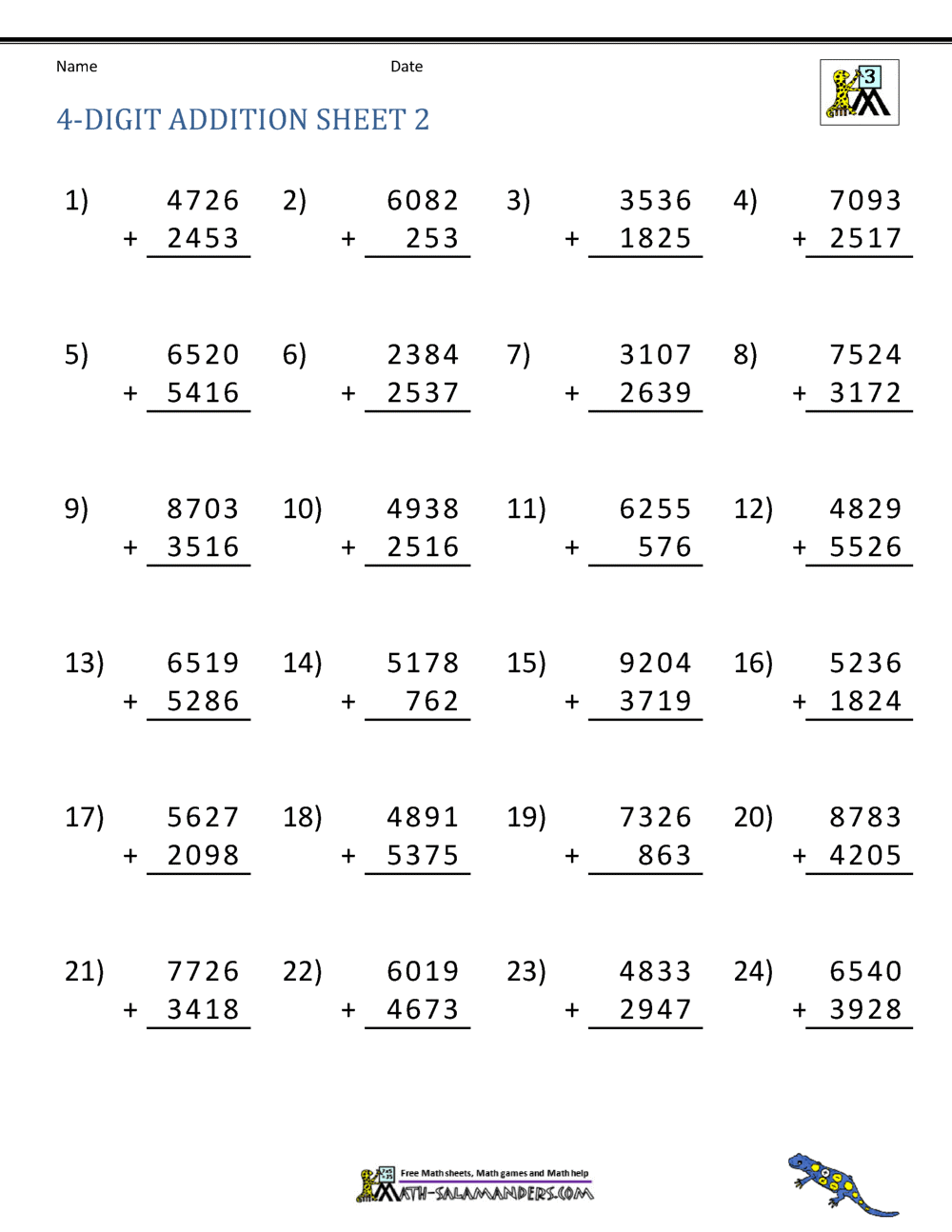 four digits addition worksheet