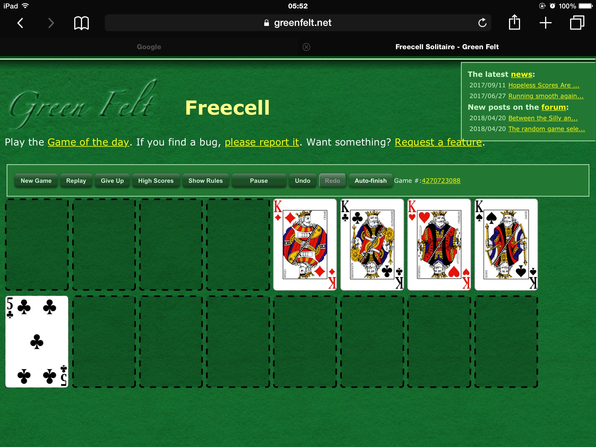 freecell card game green felt