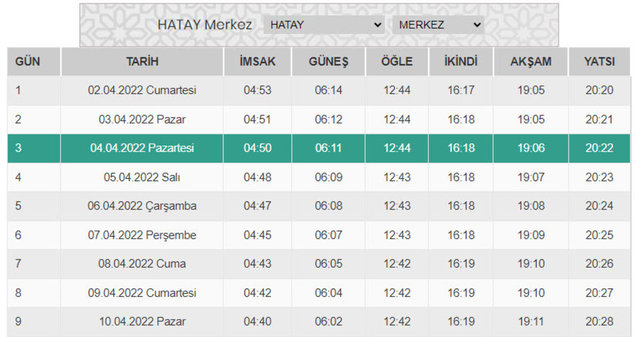 hatay iftar vakitleri