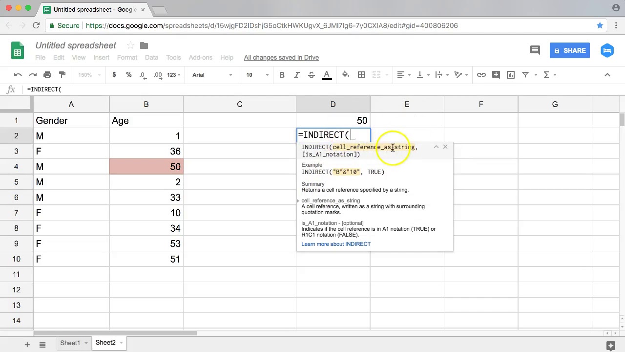 how to use indirect function in google sheets