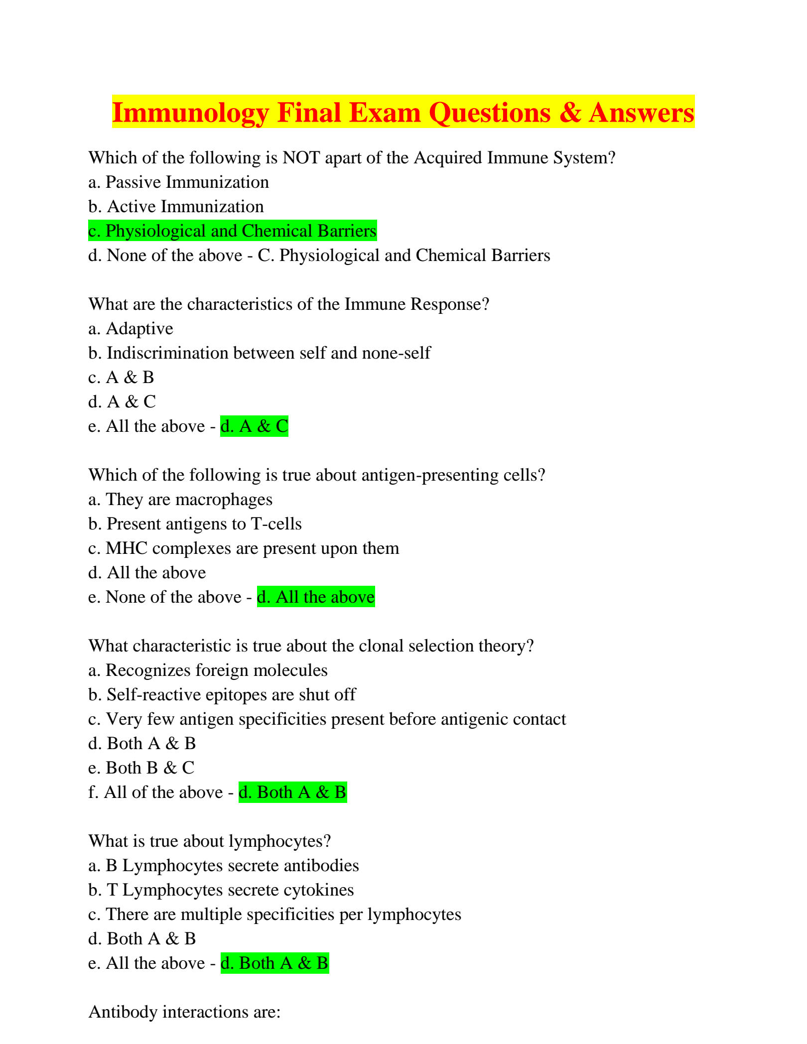 immunology final exam quizlet