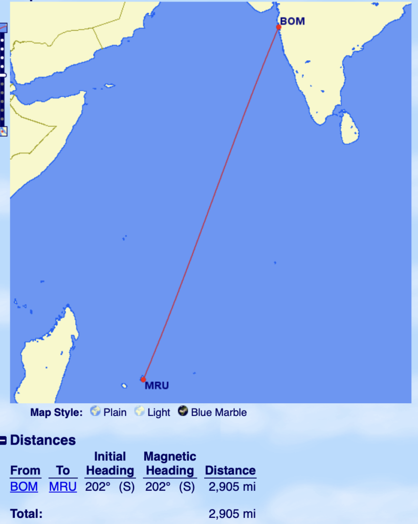 india to mauritius distance by flight