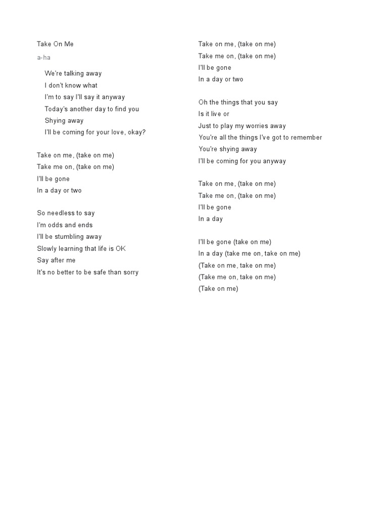 lyrics to take me on