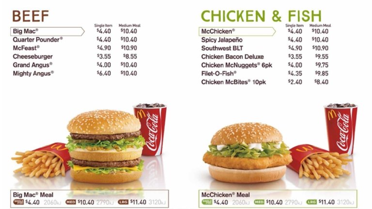 mcdonalds australia calories