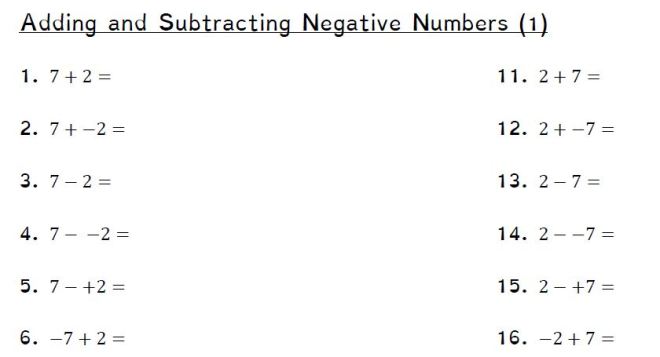 negative numbers addition and subtraction worksheet