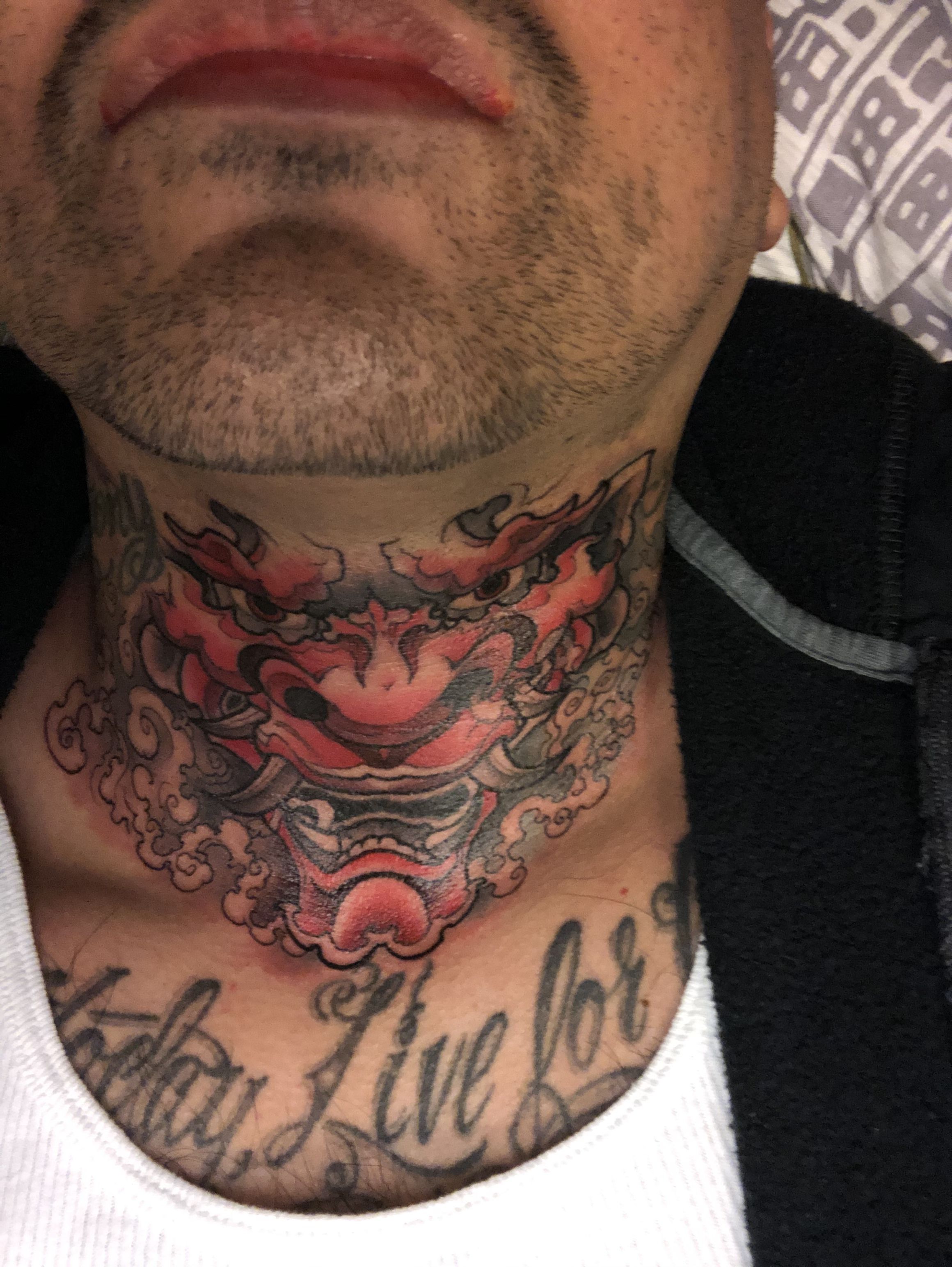 oni mask throat tattoo