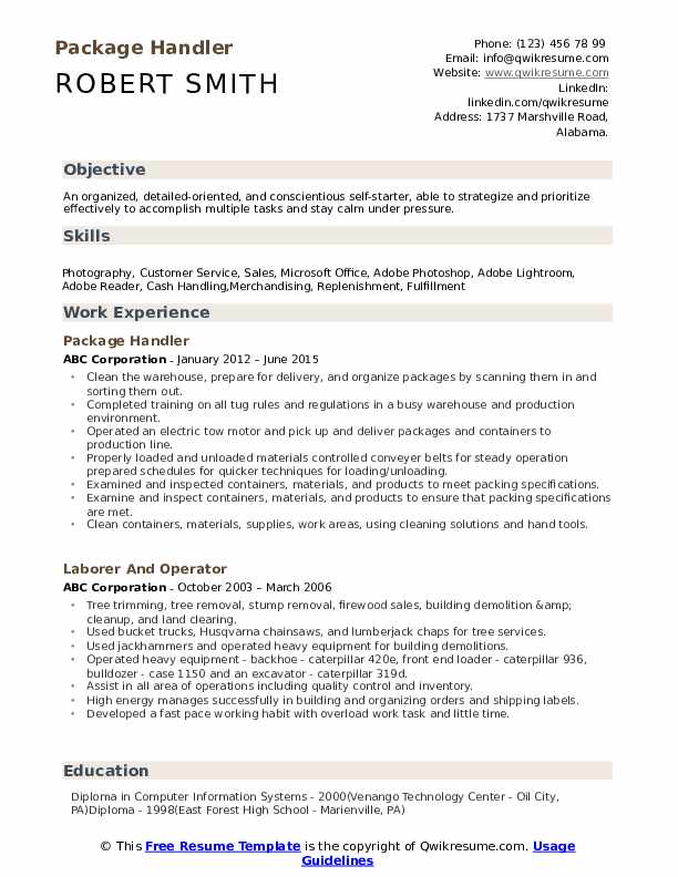 package handler job description for resume