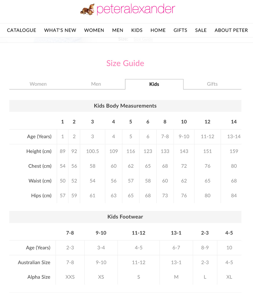 peter alexander size guide