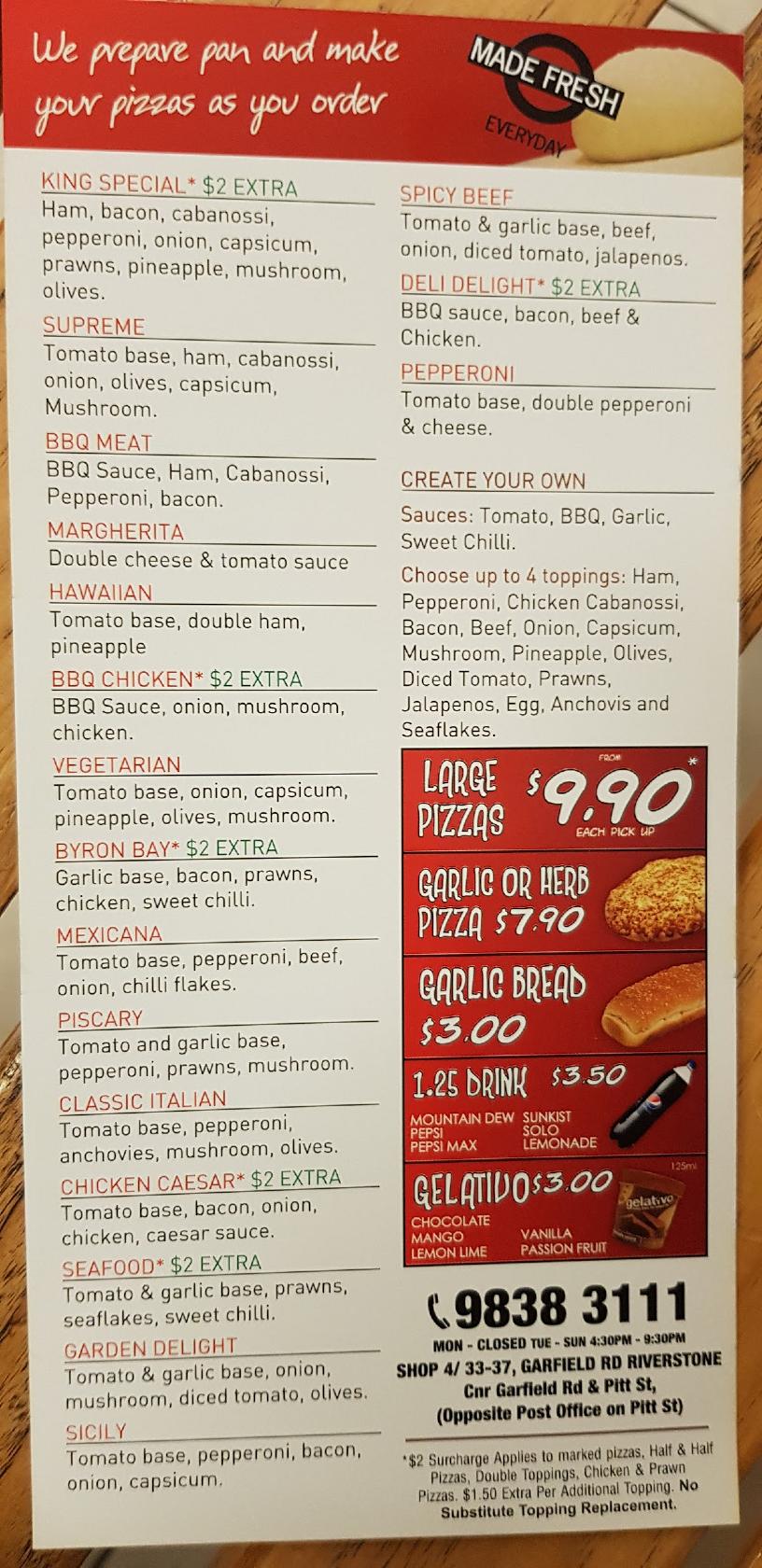 pizza king riverstone menu