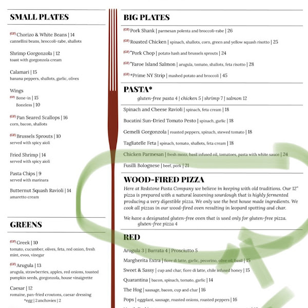 redstone pasta menu