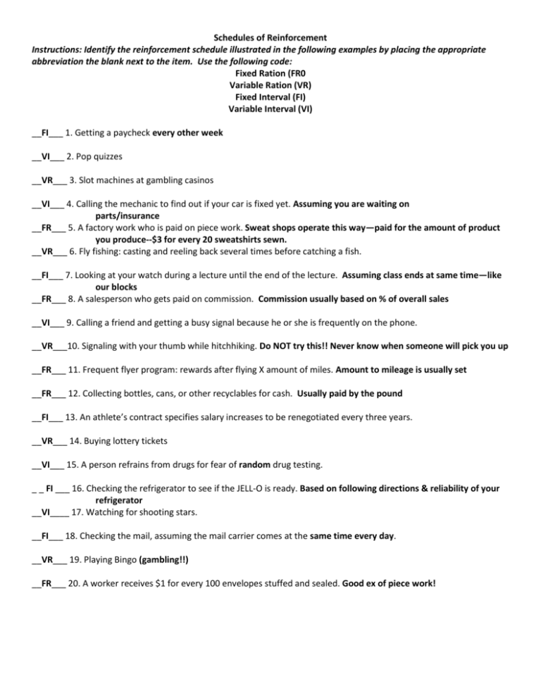 schedules of reinforcement worksheet with answers