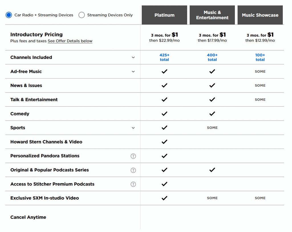 sirius xm plans for seniors