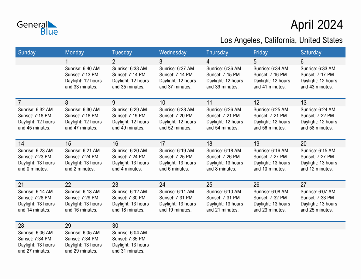 sunset calendar los angeles