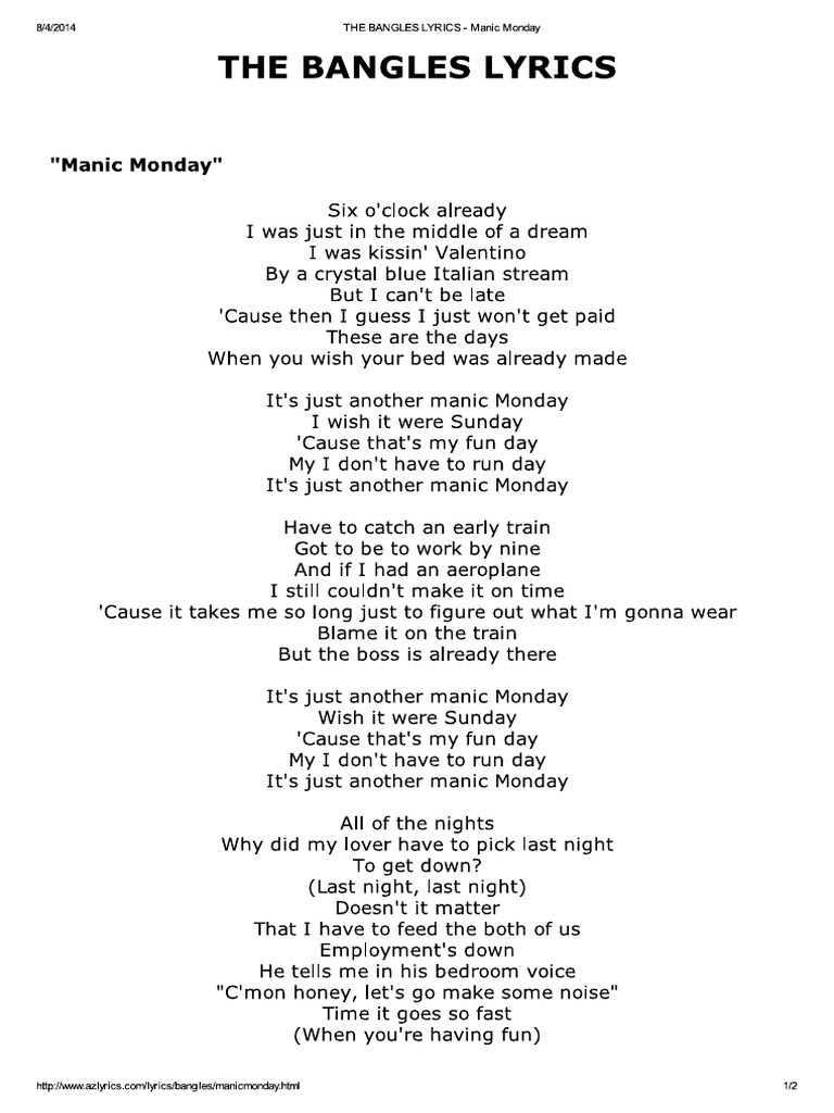 the bangles manic monday lyrics