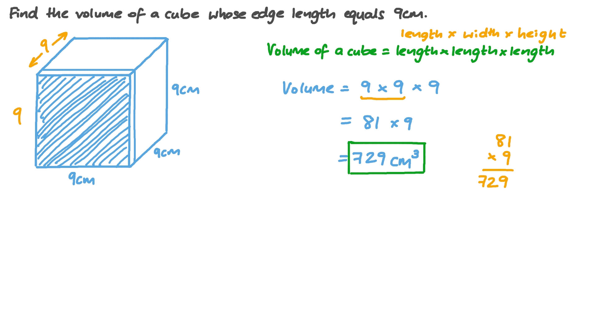 the volume of a cube with a 9m side